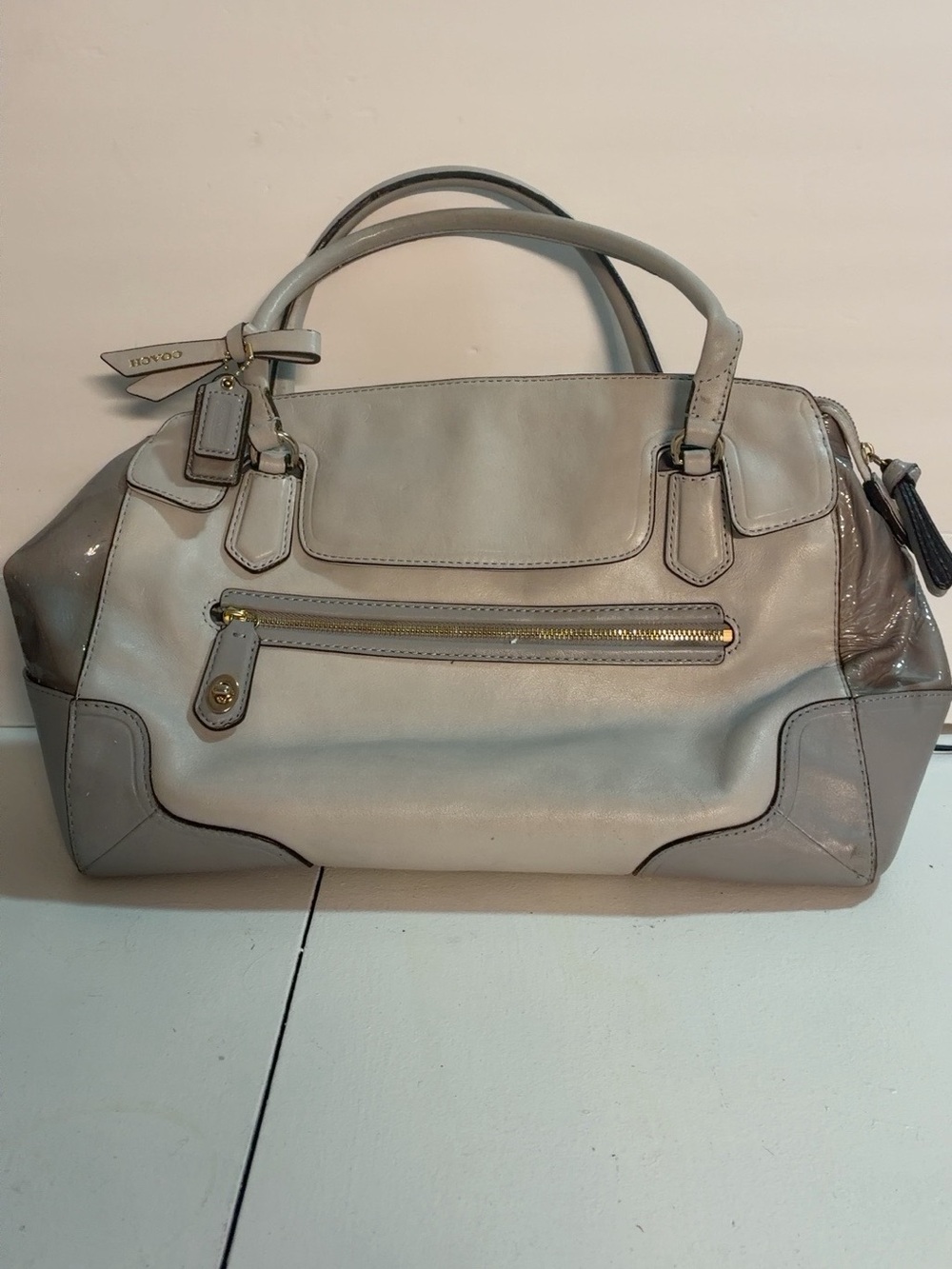Coach Poppy F25073 Light Gray Colorblock Leather Satchel 9x15in